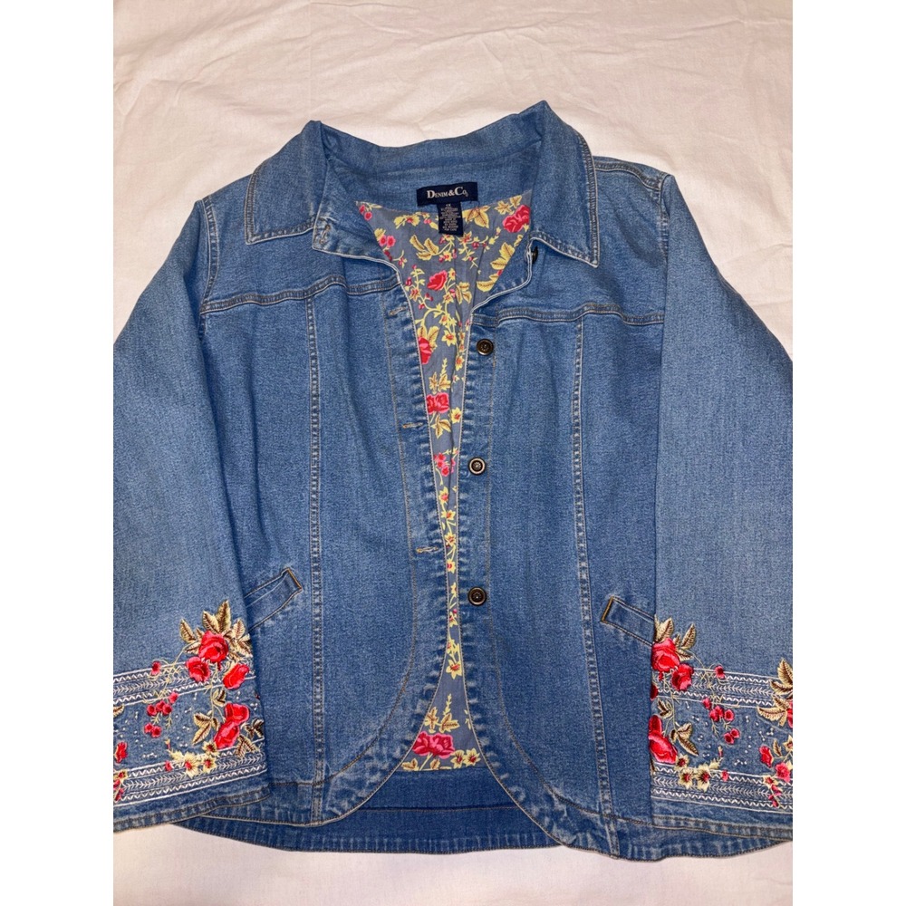 Denim & Co. 1X Floral Embroidered Denim Jacket Cottagecore Boho Y2K